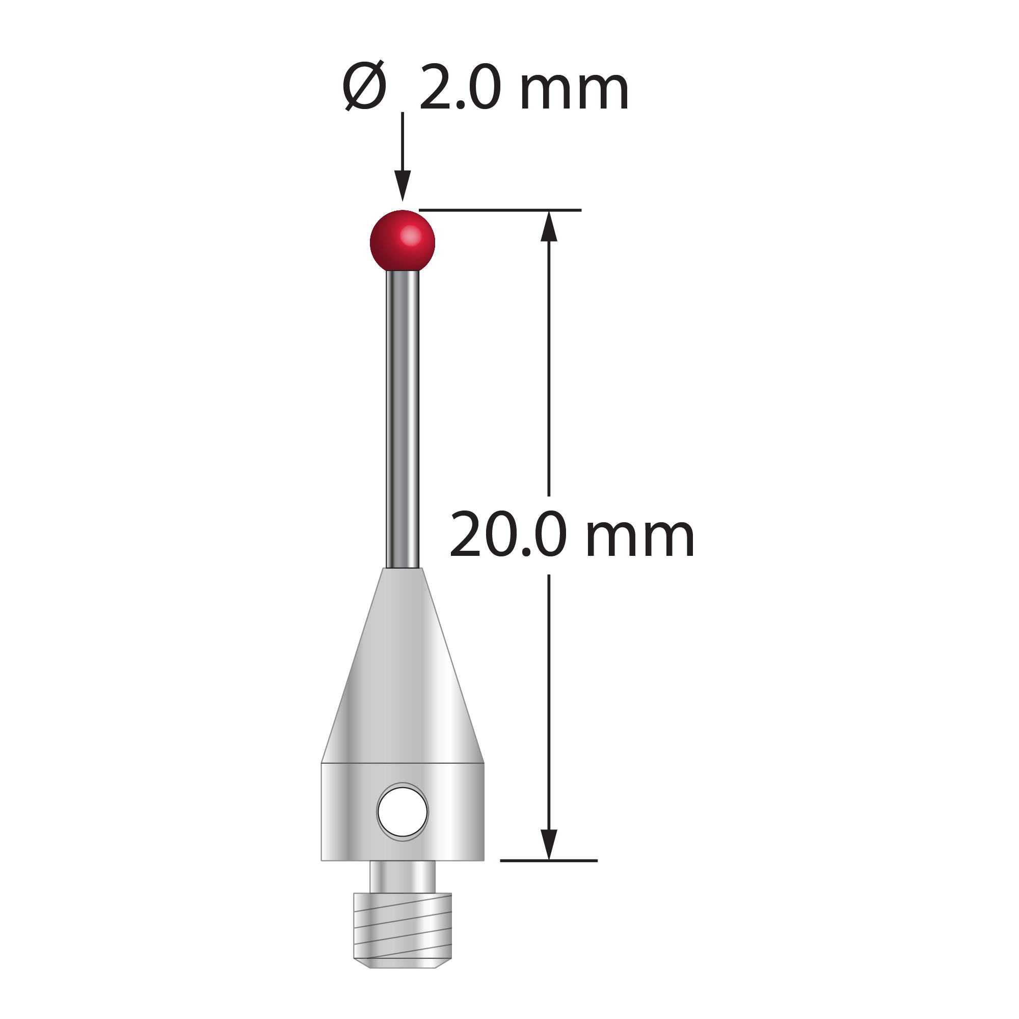 M3 XXT stylus with 2.0 mm diameter ruby ball, 1.0 mm diameter carbide stem, and 5.0 mm diameter x 9.0 mm long titanium base. Overall stylus length is 20.0 mm. Stylus weight is 0.64 gram. Compare to Zeiss 626113-0200-020.