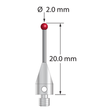 M3 XXT stylus with 2.0 mm diameter ruby ball, 1.0 mm diameter carbide stem, and 5.0 mm diameter x 9.0 mm long titanium base. Overall stylus length is 20.0 mm. Stylus weight is 0.64 gram. Compare to Zeiss 626113-0200-020.