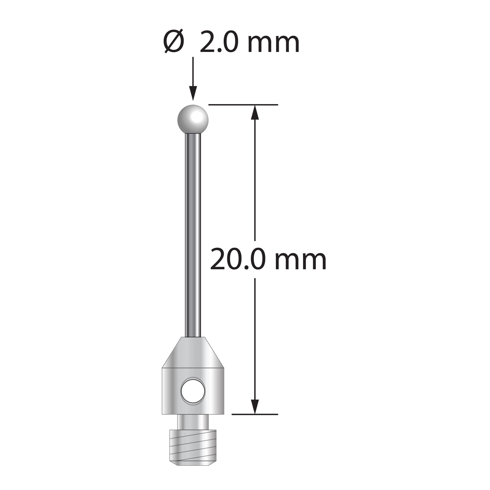 M3 stylus with 2.0 mm diameter zirconia ball, 1.0 mm diameter carbide stem, and 4.0 mm diameter x 5.0 mm long stainless steel base. Overall stylus length is 20.0 mm. Stylus weight is 0.61 gram.