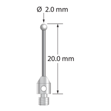 M3 stylus with 2.0 mm diameter zirconia ball, 1.0 mm diameter carbide stem, and 4.0 mm diameter x 5.0 mm long stainless steel base. Overall stylus length is 20.0 mm. Stylus weight is 0.61 gram.