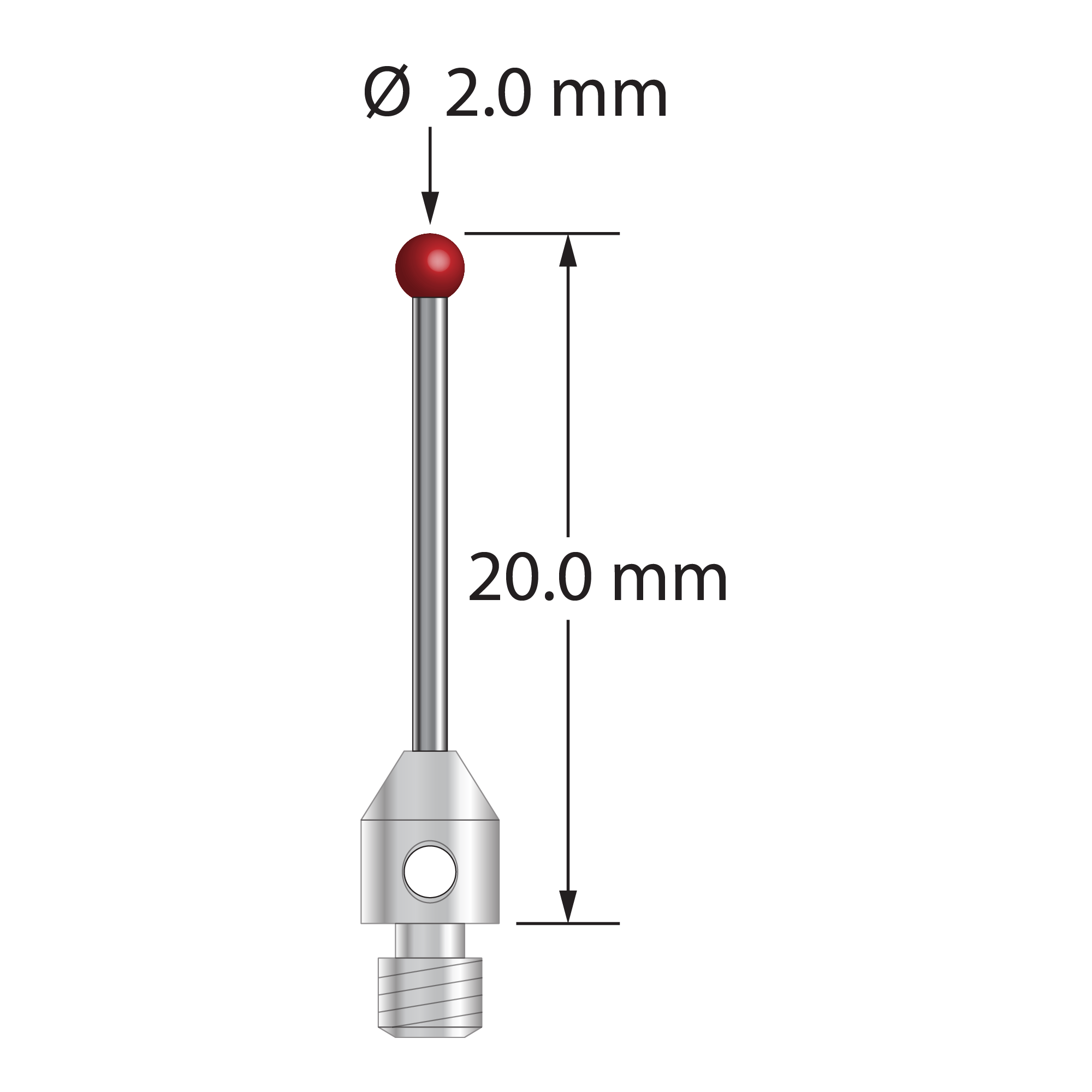 M3 stylus with 2.0 mm diameter ruby ball, 1.0 mm diameter carbide stem, and 4.0 mm diameter x 5.0 mm long stainless steel base. Overall stylus length is 20.0 mm. Stylus weight is 0.61 gram.
