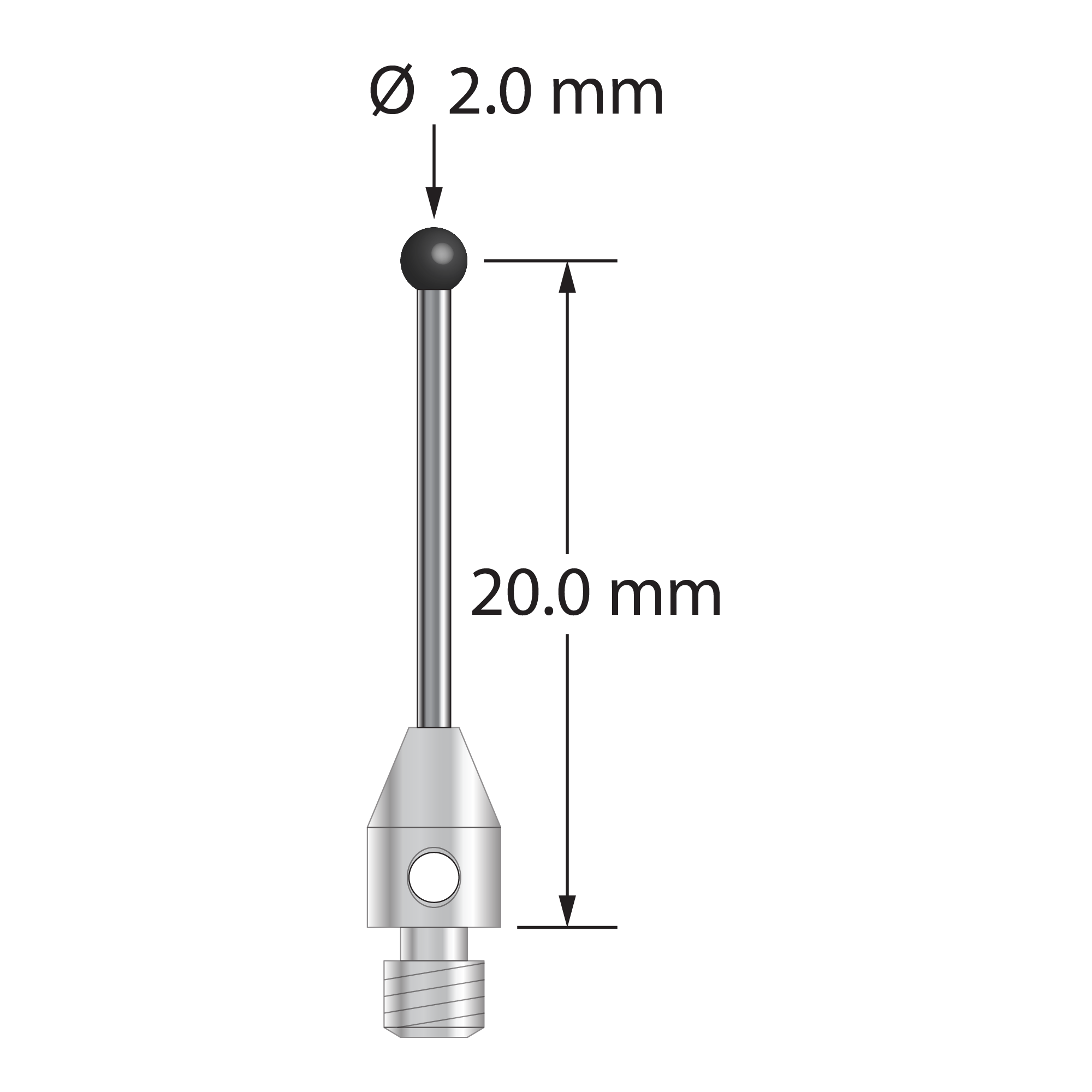 M3 stylus with 2.0 mm diameter silicon nitride ball, 1.0 mm diameter carbide stem, and 4.0 mm diameter x 6.0 mm long stainless steel base. Stylus length to ball center is 20.0 mm. Stylus weight is 0.70 gram.
