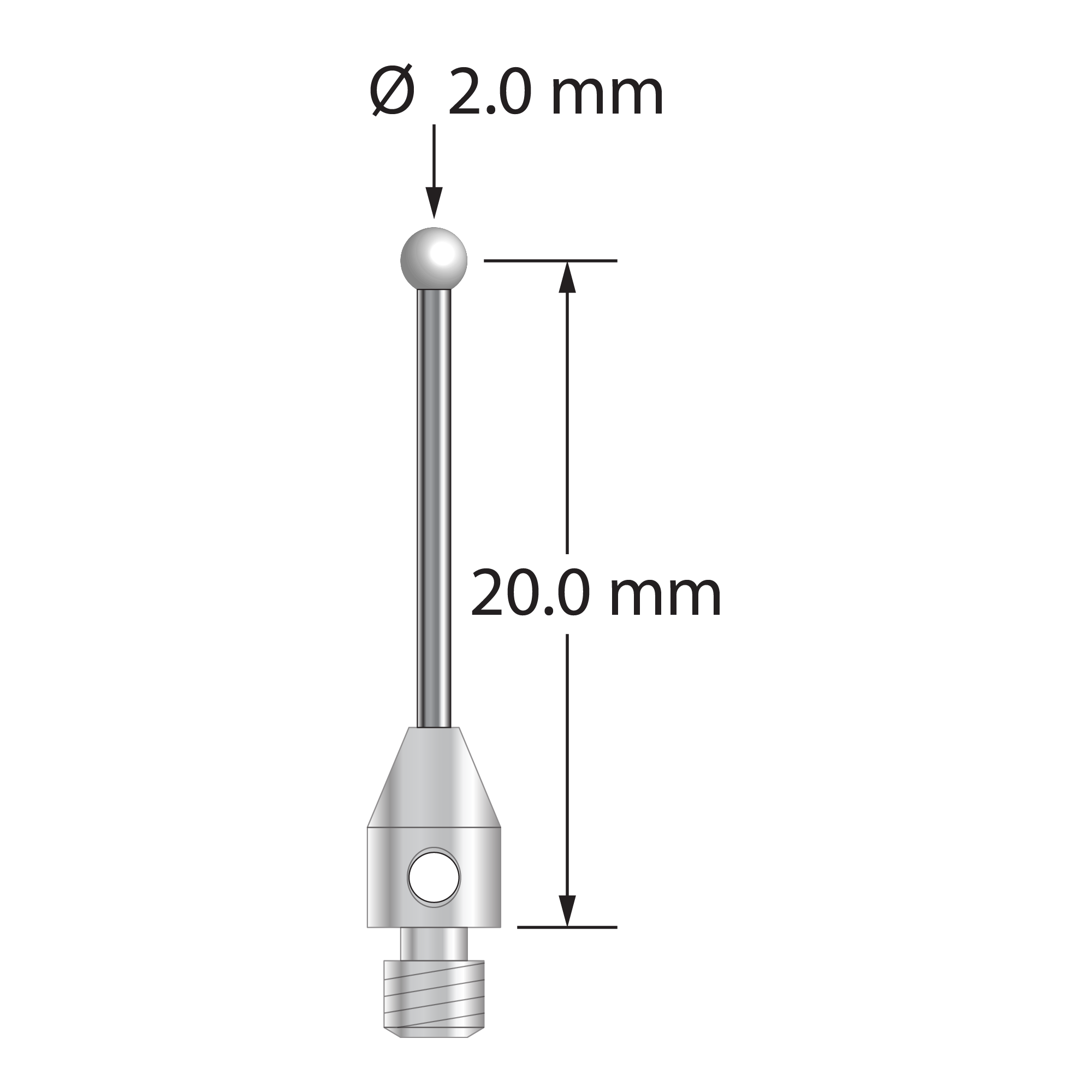 M3 stylus with 2.0 mm diameter zirconia ball, 1.0 mm diameter carbide stem, and 4.0 mm diameter x 6.0 mm long stainless steel base. Stylus length to ball center is 20.0 mm. Stylus weight is 0.70 gram.