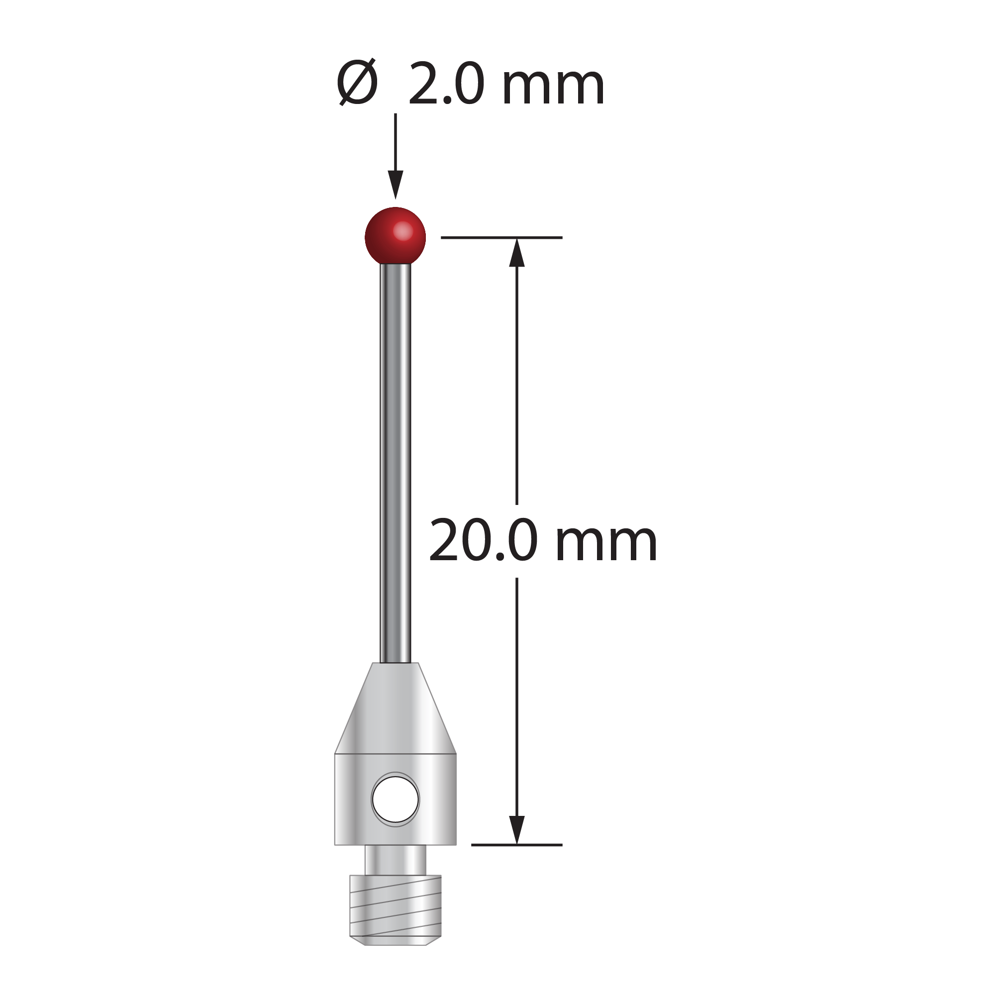 M3 stylus with 2.0 mm diameter ruby ball, 1.0 mm diameter carbide stem, and 4.0 mm diameter x 6.0 mm long stainless steel base. Stylus length to ball center is 20.0 mm. Stylus weight is 0.70 gram. Compare to Mitutoyo K651109.