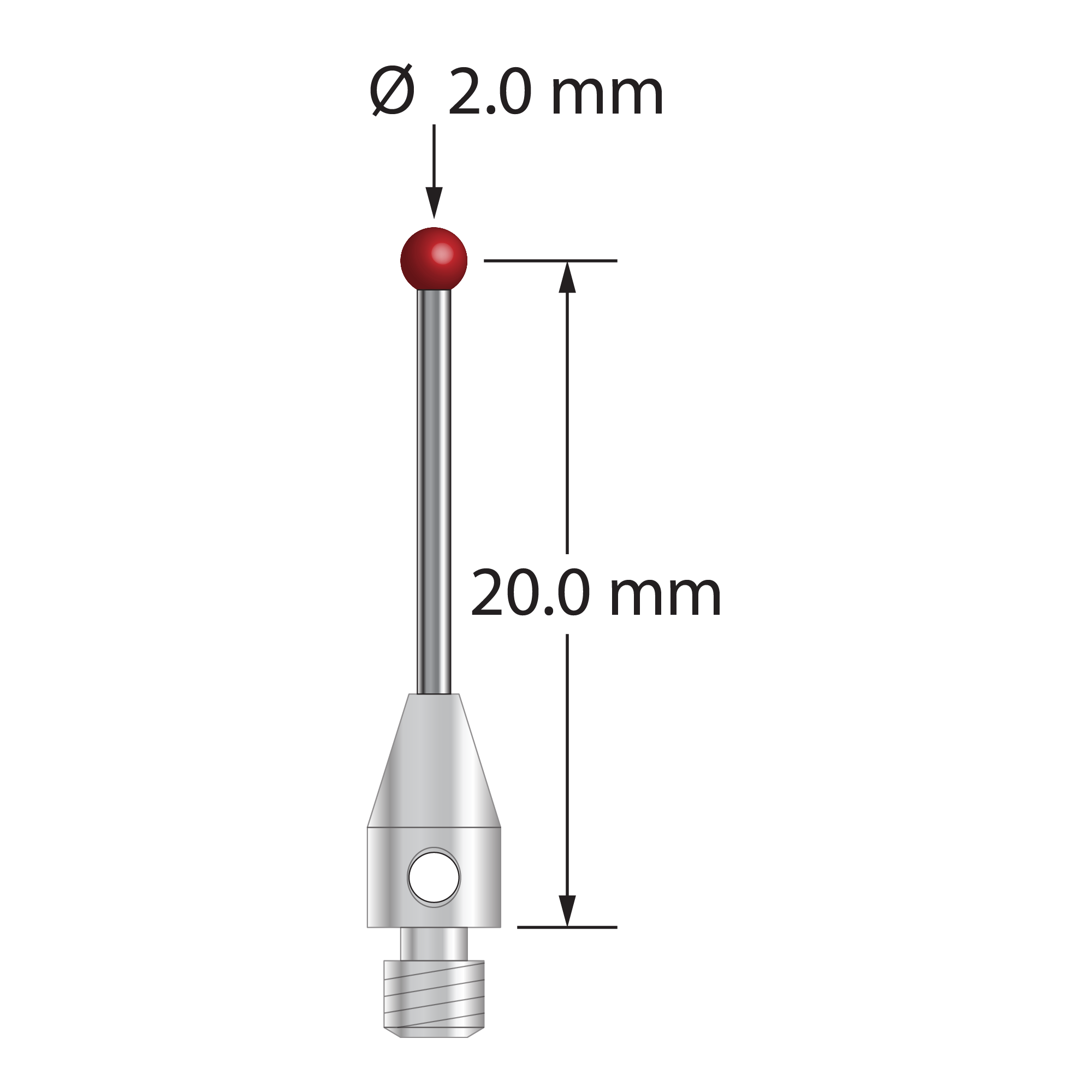 M3 stylus with 2.0 mm diameter ruby ball, 1.0 mm diameter carbide stem, and 4.0 mm diameter x 7.0 mm long stainless steel base. Stylus length to ball center is 20.0 mm. Stylus weight is 0.70 gram.