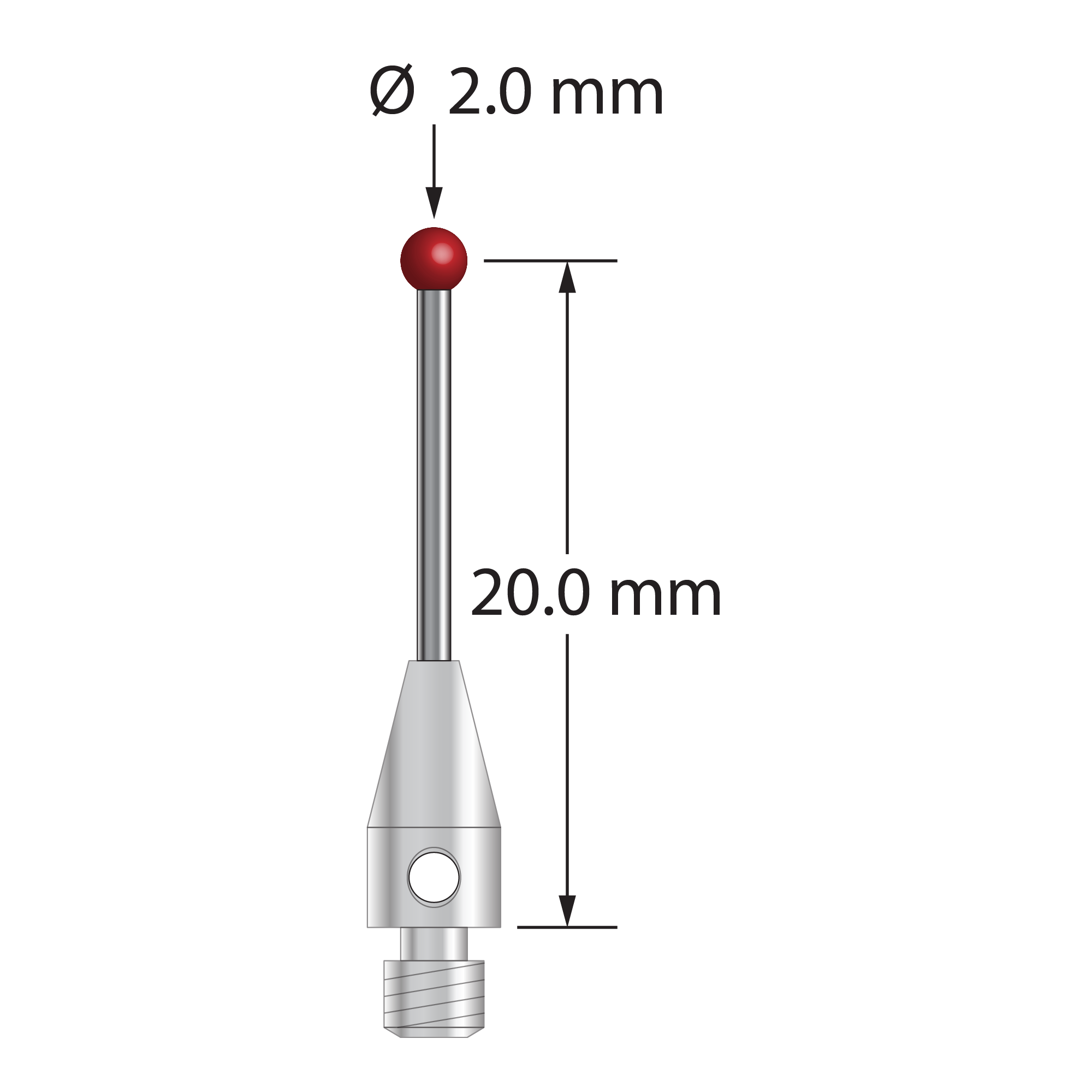 M3 stylus with 2.0 mm diameter ruby ball, 1.0 mm diameter carbide stem, and 4.0 mm diameter x 8.0 mm long stainless steel base. Stylus length to ball center is 20.0 mm. Stylus weight is 0.70 gram.