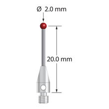 M3 stylus with 2.0 mm diameter ruby ball, 1.0 mm diameter carbide stem, and 4.0 mm diameter x 8.0 mm long stainless steel base. Stylus length to ball center is 20.0 mm. Stylus weight is 0.70 gram.