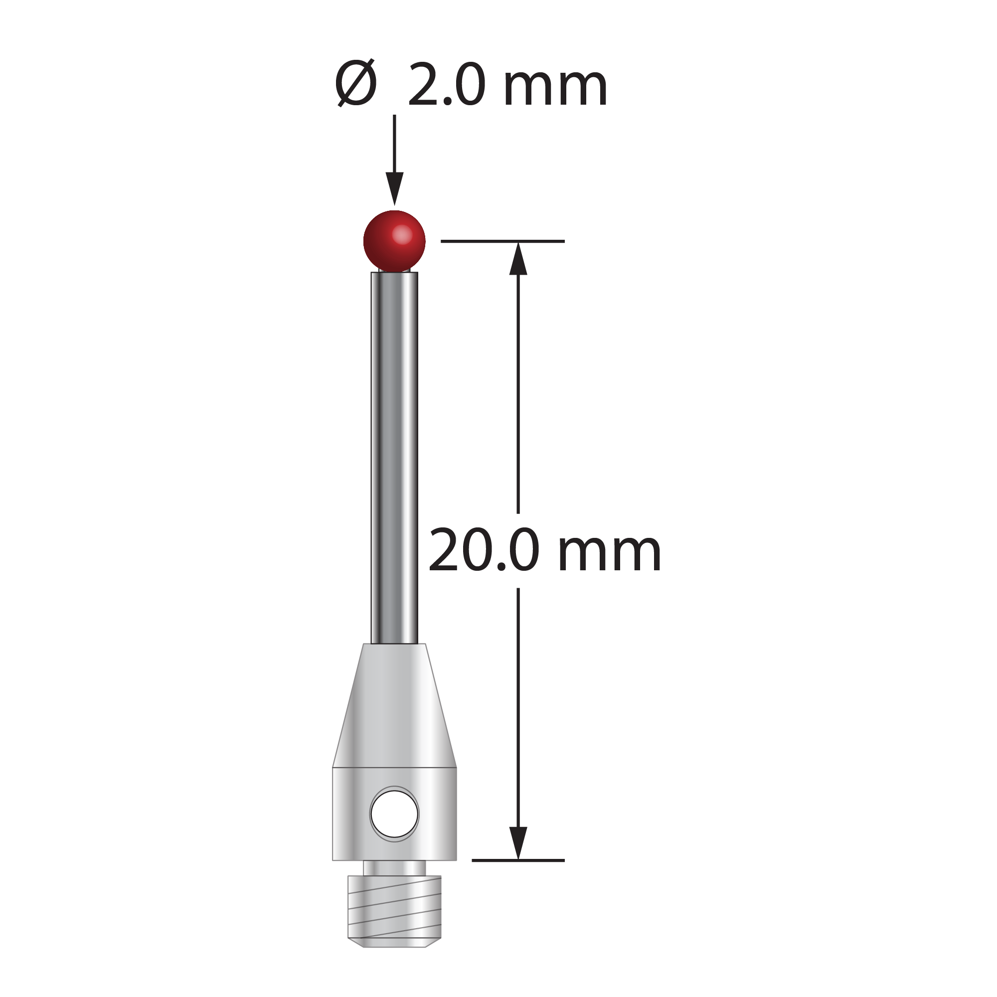 M3 stylus with 2.0 mm diameter ruby ball, 1.5 mm diameter carbide stem, and 4.0 mm diameter x 7.0 mm long stainless steel base. Stylus length to ball center is 20.0 mm. Stylus weight is 0.61 gram.