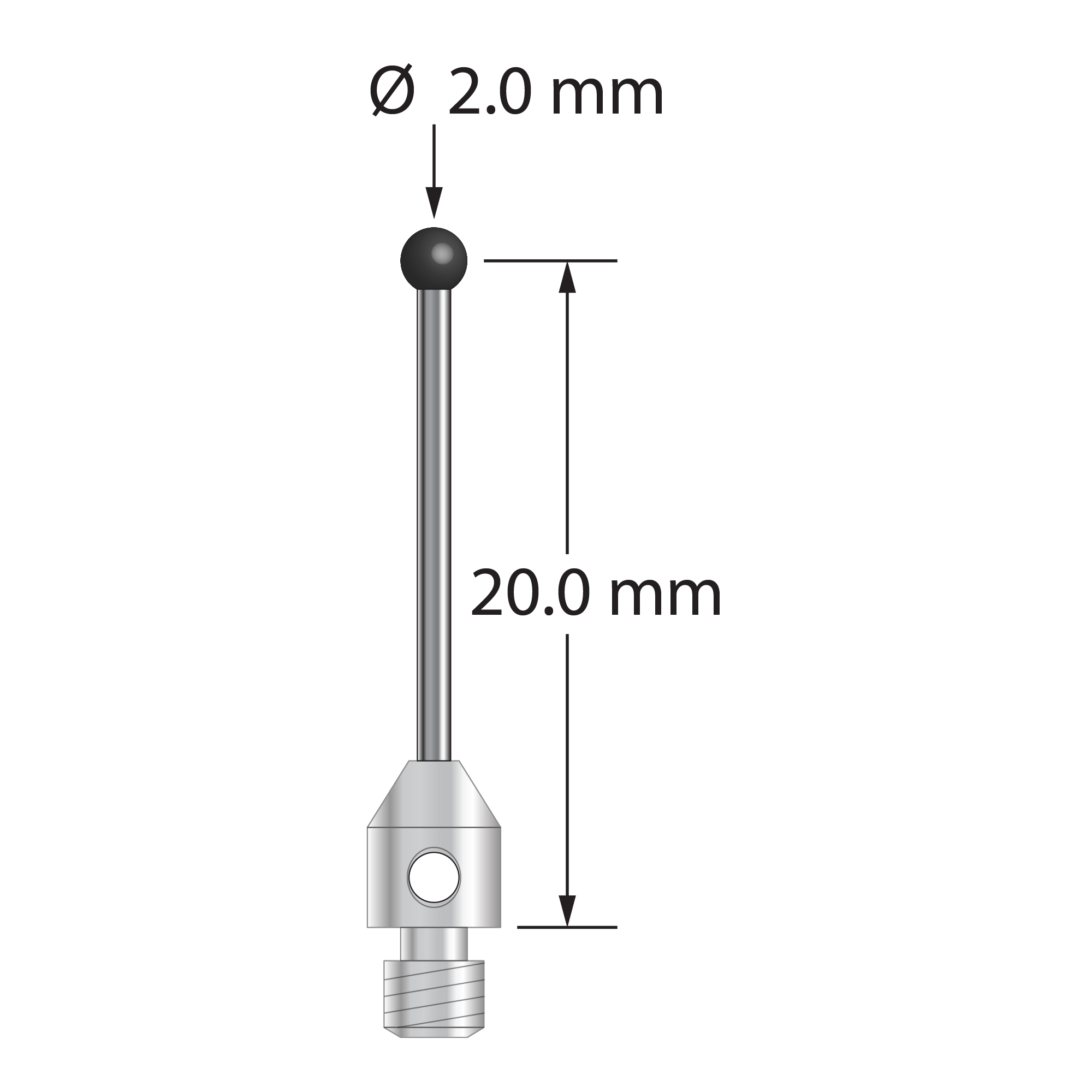 M3 stylus with 2.0 mm diameter silicon nitride ball, 1.0 mm diameter carbide stem, and 4.0 mm diameter x 5.0 mm long stainless steel base. Overall stylus length is 21.0 mm. Stylus weight is 0.63 gram.