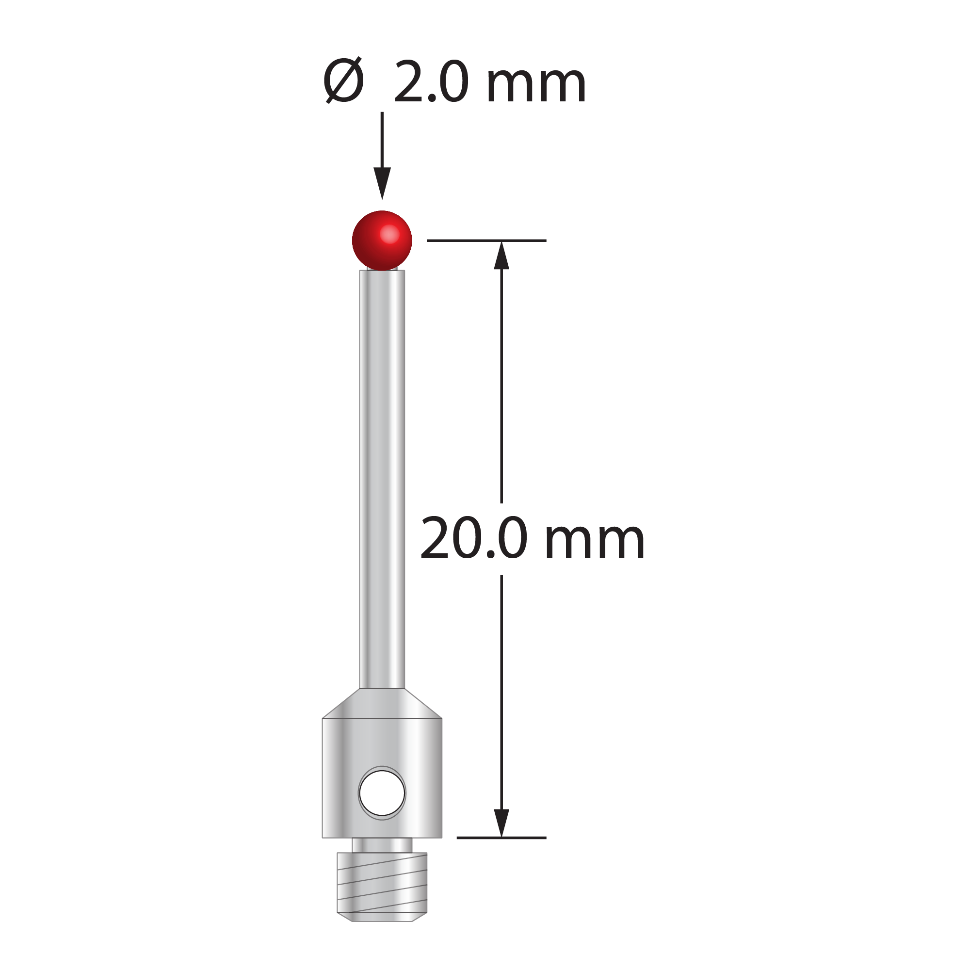 M3 Hexagon compatible stylus with 2.0 mm ruby ball, 4.0 mm diameter stainless steel base, and 1.5 mm diameter stainless steel stem. Stylus length to ball center is 20.0 mm. Compare to Hexagon NCA7-7-18998.