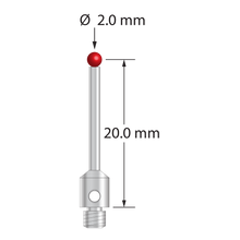 M3 Hexagon compatible stylus with 2.0 mm ruby ball, 4.0 mm diameter stainless steel base, and 1.5 mm diameter stainless steel stem. Stylus length to ball center is 20.0 mm. Compare to Hexagon NCA7-7-18998.