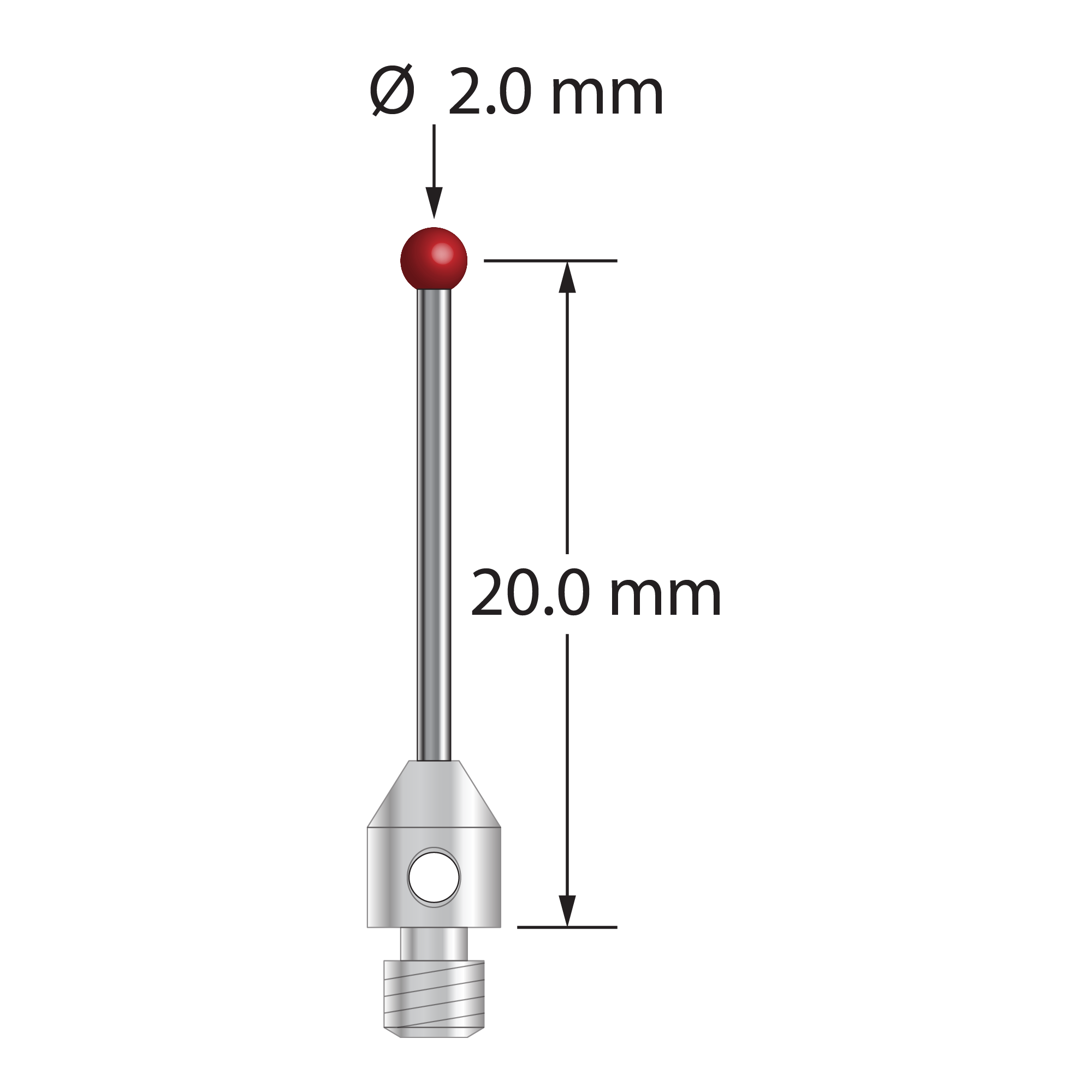 M3 stylus with 2.0 mm diameter ruby ball, 1.0 mm diameter carbide stem, and 4.0 mm diameter x 5.0 mm long stainless steel base. Overall stylus length is 21.0 mm. Stylus weight is 0.63 gram.