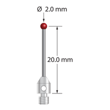 M3 stylus with 2.0 mm diameter ruby ball, 1.0 mm diameter carbide stem, and 4.0 mm diameter x 5.0 mm long stainless steel base. Overall stylus length is 21.0 mm. Stylus weight is 0.63 gram.