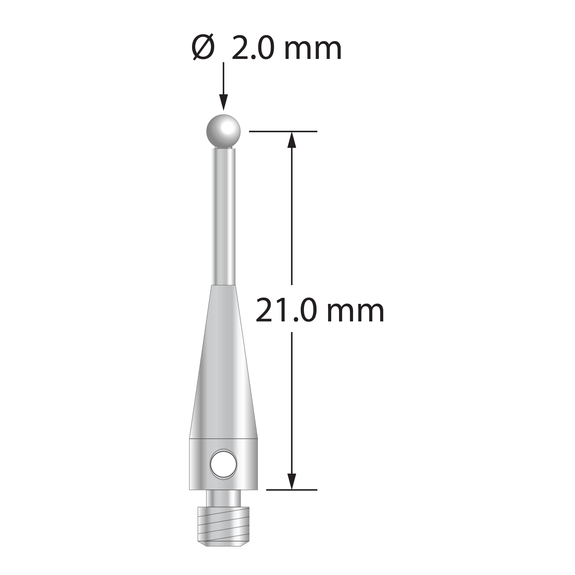 M3 stylus with 2.0 mm diameter zirconia ball, 1.4 mm diameter stainless steel stem, and 3.0 mm diameter x 12.0 mm long stainless steel base. Stylus length to ball center is 21.0 mm. Weight is 0.82 gram. Compare to Renishaw A-5003-5736.