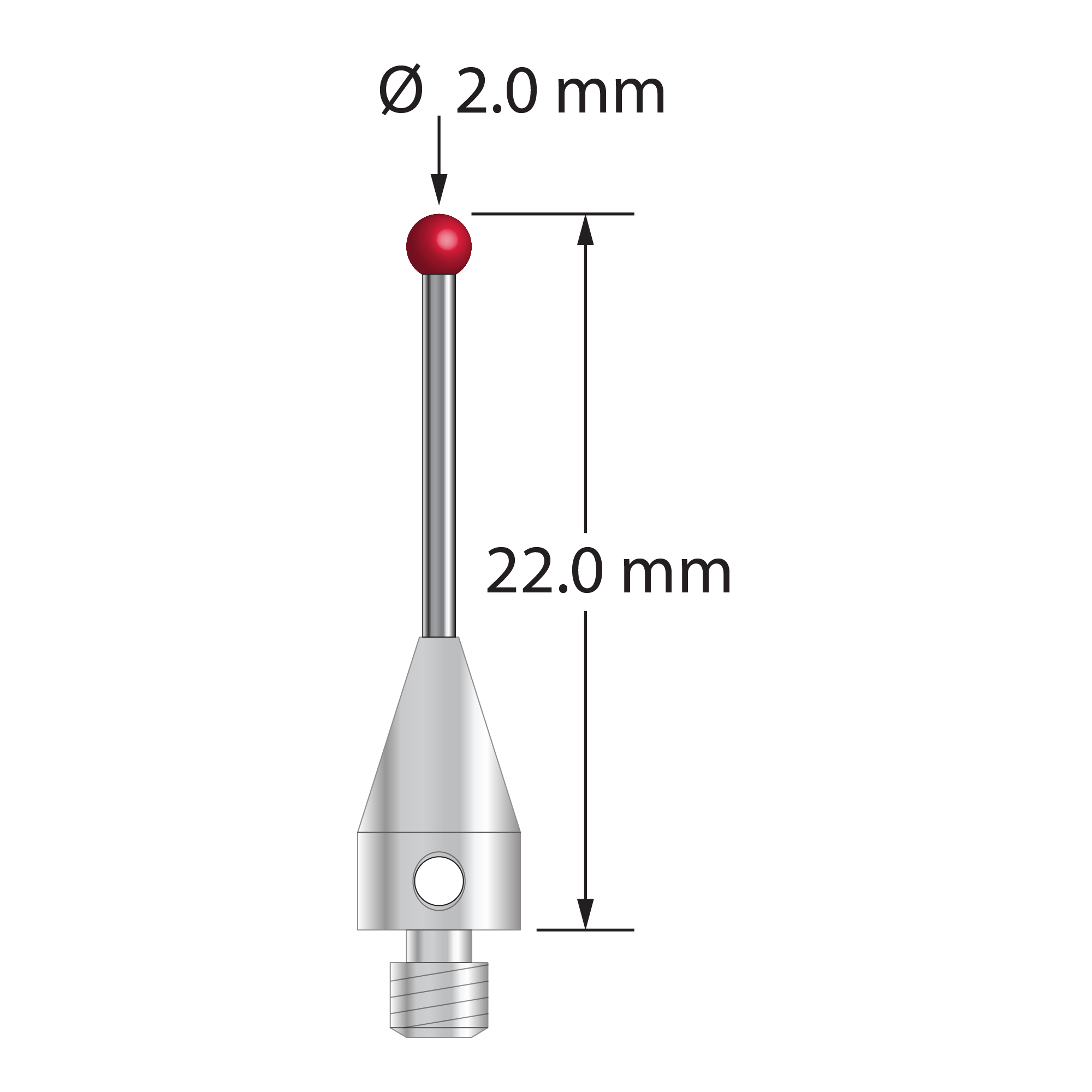 M3 XXT stylus with 2.0 mm diameter ruby ball, 1.0 mm diameter carbide stem, and 5.0 mm diameter x 9.0 mm long titanium base. Overall stylus length is 22.0 mm. Stylus weight is 0.67 gram. Compare to Zeiss 626103-0244-022.