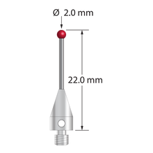 M3 XXT stylus with 2.0 mm diameter ruby ball, 1.0 mm diameter carbide stem, and 5.0 mm diameter x 9.0 mm long titanium base. Overall stylus length is 22.0 mm. Stylus weight is 0.66 gram. Compare to Zeiss 626103-0244-022.