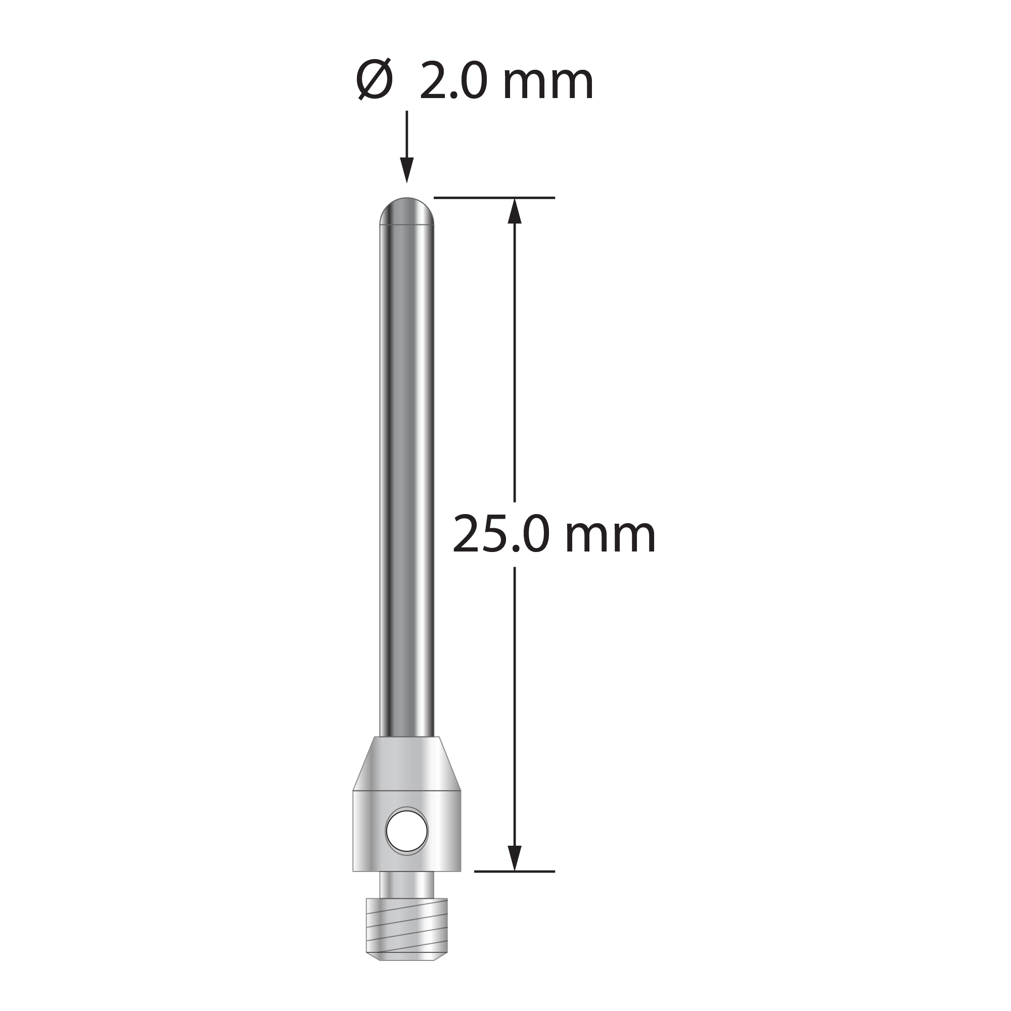 M3 cylinder stylus with 2.0 mm diameter carbide cylinder and 4.0 mm diameter x 5.0 mm long stainless steel base. Overall stylus length is 25.0 mm. Stylus weight is 1.81 grams.