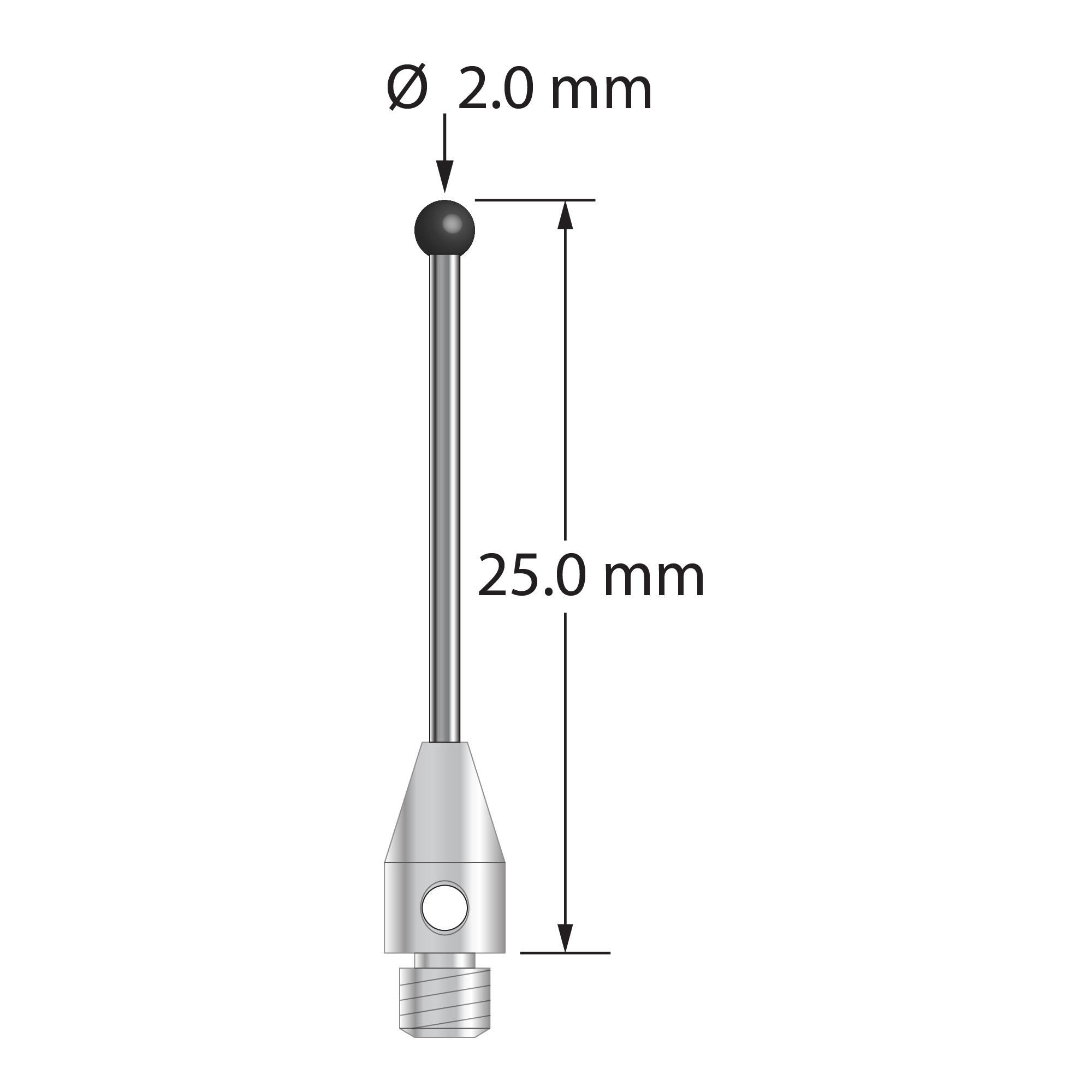 M3 stylus with 2.0 mm diameter silicon nitride ball, 1.0 mm diameter carbide stem, and 4.0 mm diameter x 7.0 mm long stainless steel base. Overall stylus length is 25.0 mm. Stylus weight is 0.79 gram.
