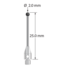 M3 stylus with 2.0 mm diameter silicon nitride ball, 1.0 mm diameter carbide stem, and 4.0 mm diameter x 7.0 mm long stainless steel base. Overall stylus length is 25.0 mm. Stylus weight is 0.79 gram.
