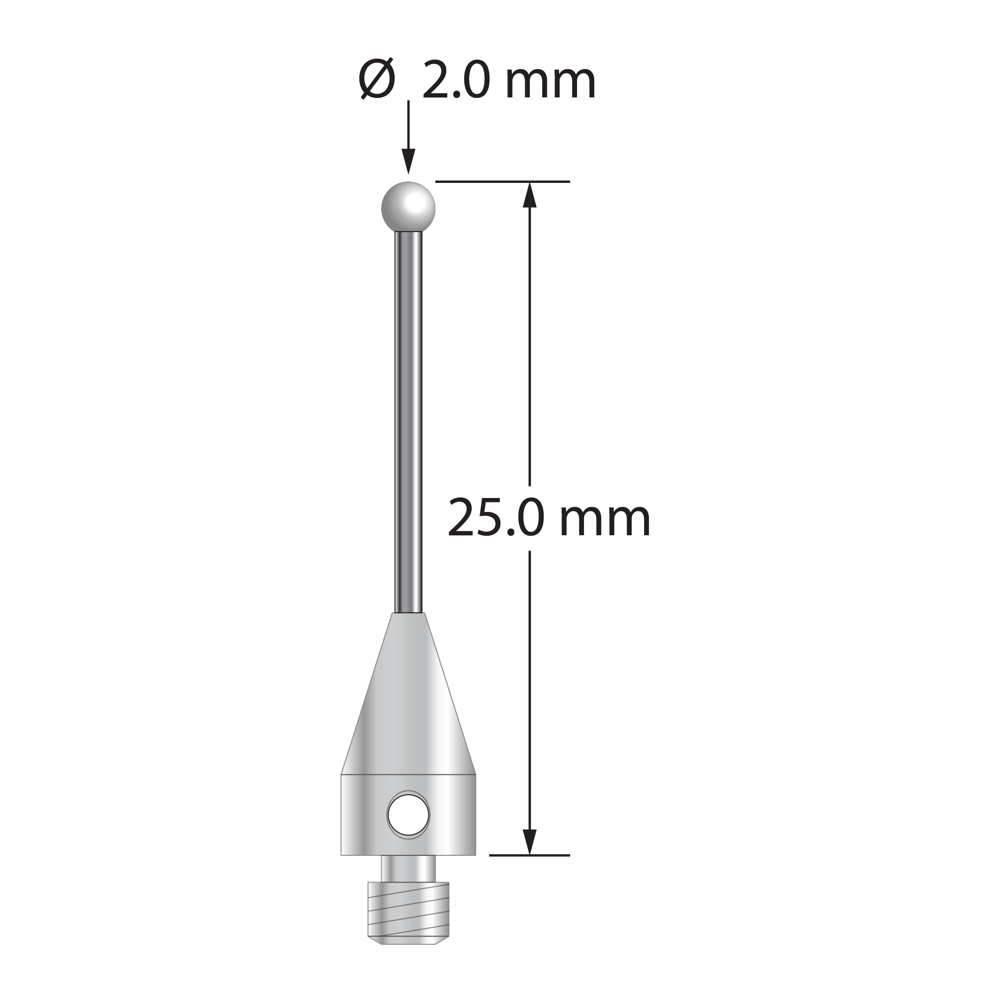 M3 XXT stylus with 2.0 mm diameter zirconia ball, 1.0 mm diameter carbide stem, and 5.0 mm diameter x 9.0 mm long titanium base. Overall stylus length is 25.0 mm. Stylus weight is 0.70 gram.