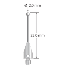 M3 XXT stylus with 2.0 mm diameter zirconia ball, 1.0 mm diameter carbide stem, and 5.0 mm diameter x 9.0 mm long titanium base. Overall stylus length is 25.0 mm. Stylus weight is 0.70 gram.