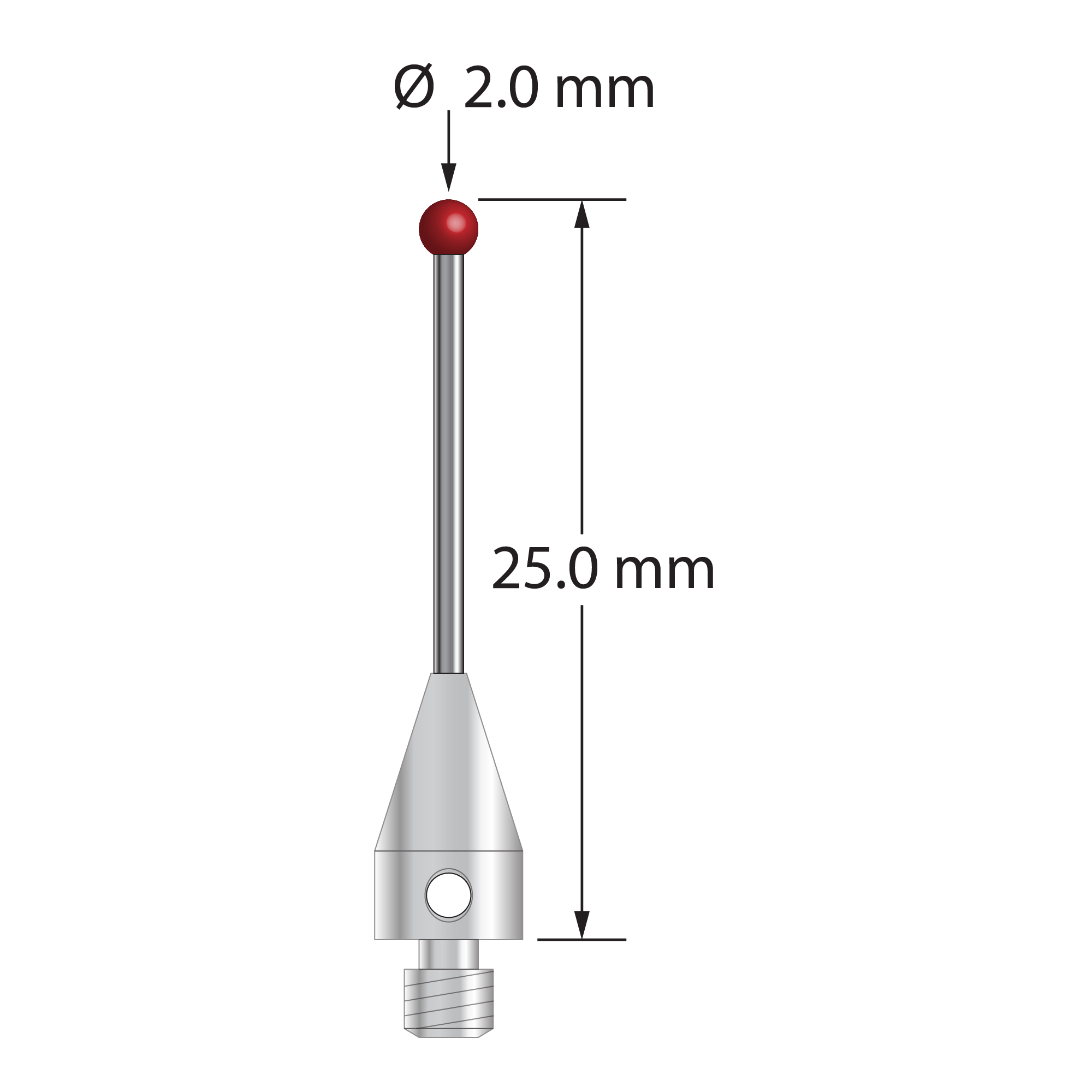 M3 XXT stylus with 2.0 mm diameter ruby ball, 1.0 mm diameter carbide stem, and 5.0 mm diameter x 9.0 mm long titanium base. Overall stylus length is 25.0 mm. Stylus weight is 0.70 gram. Compare to Zeiss 626113-0200-025.
