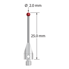 M3 XXT stylus with 2.0 mm diameter ruby ball, 1.0 mm diameter carbide stem, and 5.0 mm diameter x 9.0 mm long titanium base. Overall stylus length is 25.0 mm. Stylus weight is 0.70 gram. Compare to Zeiss 626113-0200-025.