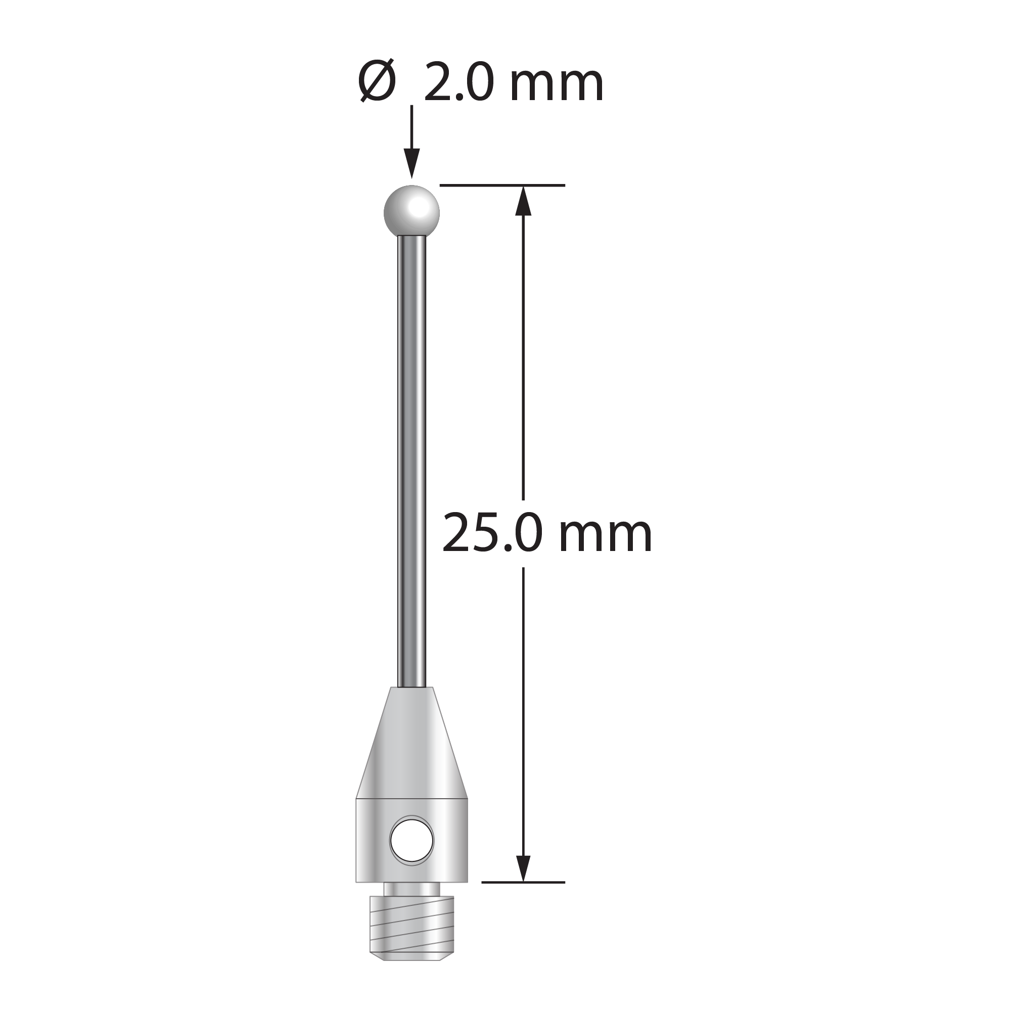 M3 stylus with 2.0 mm diameter zirconia ball, 1.0 mm diameter carbide stem, and 4.0 mm diameter x 7.0 mm long stainless steel base. Overall stylus length is 25.0 mm. Stylus weight is 0.79 gram.