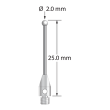 M3 stylus with 2.0 mm diameter zirconia ball, 1.0 mm diameter carbide stem, and 4.0 mm diameter x 7.0 mm long stainless steel base. Overall stylus length is 25.0 mm. Stylus weight is 0.79 gram.