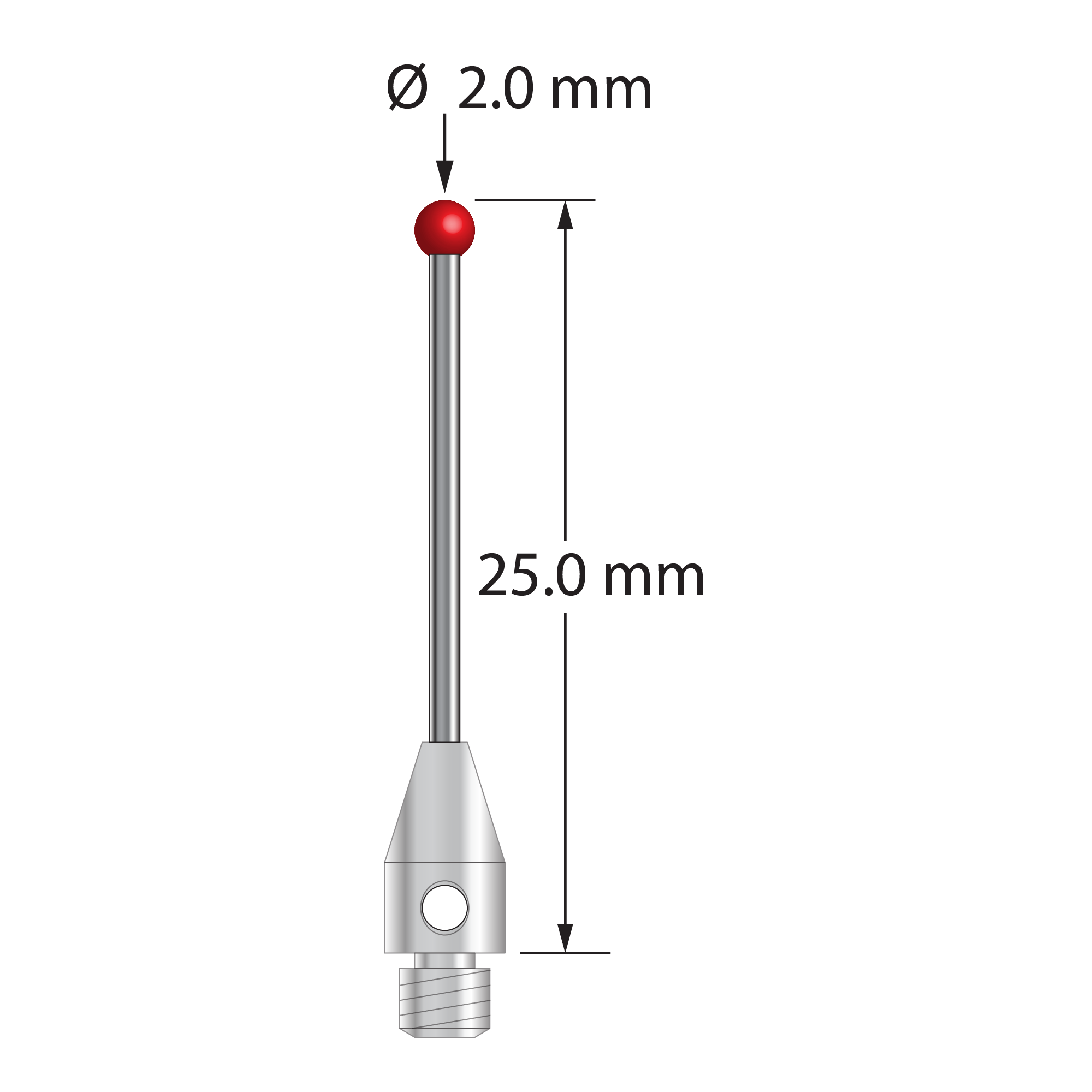 M3 stylus with 2.0 mm diameter ruby ball, 1.0 mm diameter carbide stem, and 4.0 mm diameter x 7.0 mm long stainless steel base. Overall stylus length is 25.0 mm. Stylus weight is 0.79 gram.