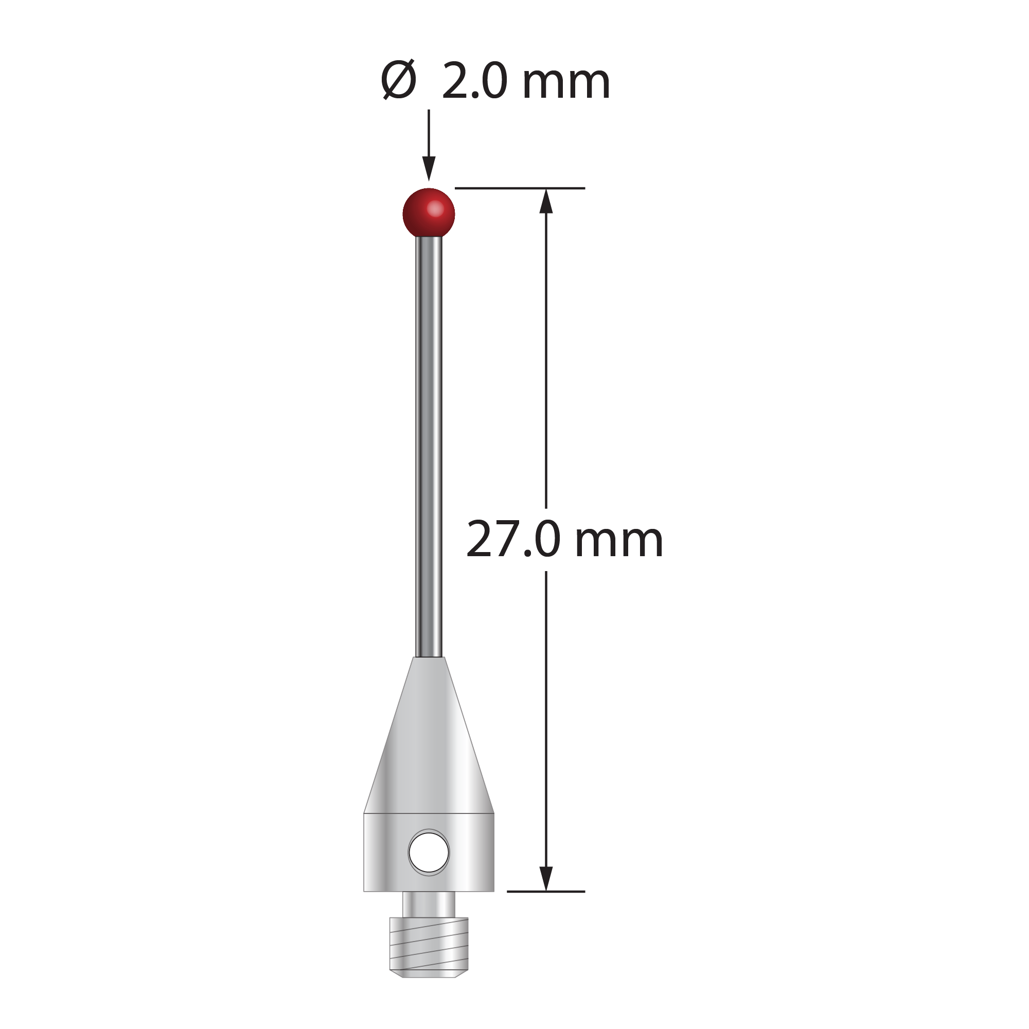 M3 XXT stylus with 2.0 mm diameter ruby ball, 1.0 mm diameter carbide stem, and 5.0 mm diameter x 9.0 mm long titanium base. Overall stylus length is 27.0 mm. Stylus weight is 0.71 gram. Compare to Zeiss 626103-0244-027.