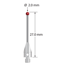 M3 XXT stylus with 2.0 mm diameter ruby ball, 1.0 mm diameter carbide stem, and 5.0 mm diameter x 9.0 mm long titanium base. Overall stylus length is 27.0 mm. Stylus weight is 0.71 gram. Compare to Zeiss 626103-0244-027.