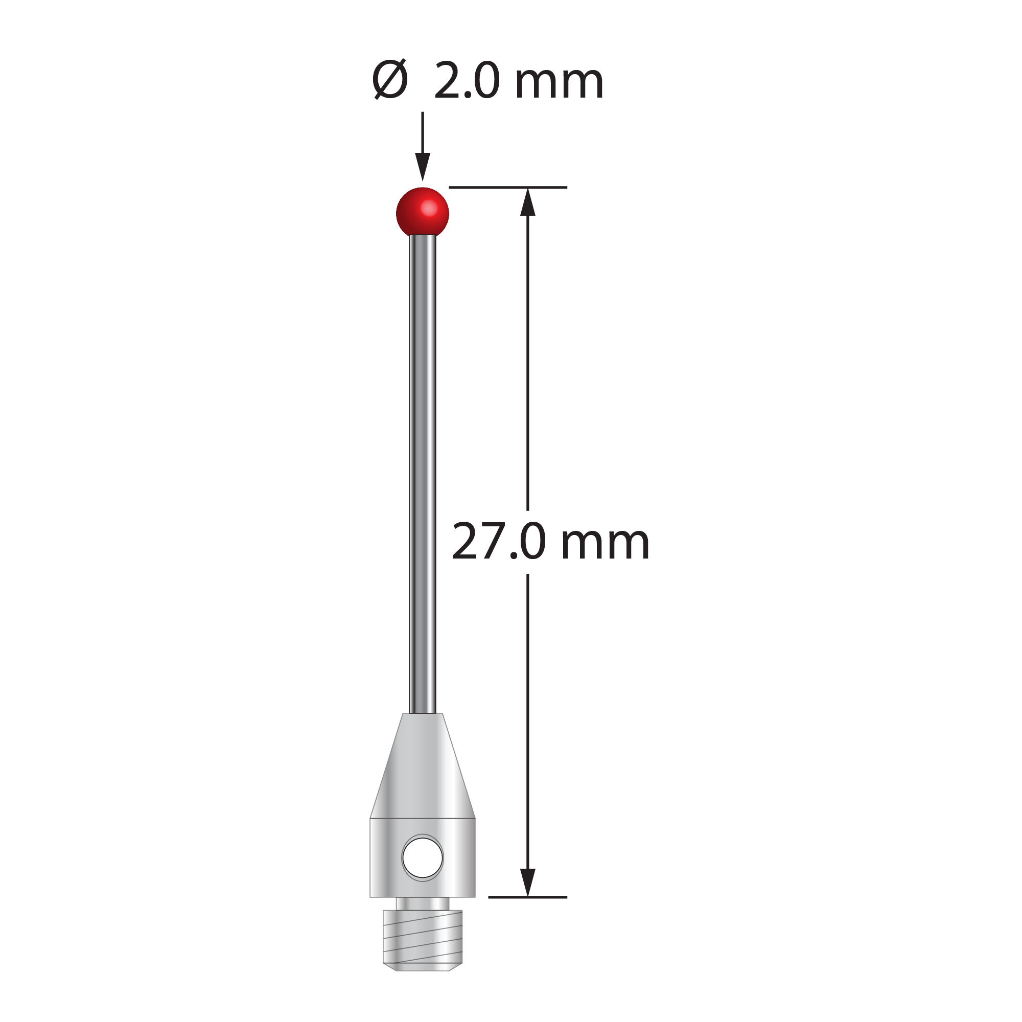 M3 stylus with 2.0 mm diameter ruby ball, 1.0 mm diameter carbide stem, and 4.0 mm diameter x 7.0 mm long stainless steel base. &nbsp;Overall stylus length is 27.0 mm. &nbsp;Stylus weight is 0.81 gram.
