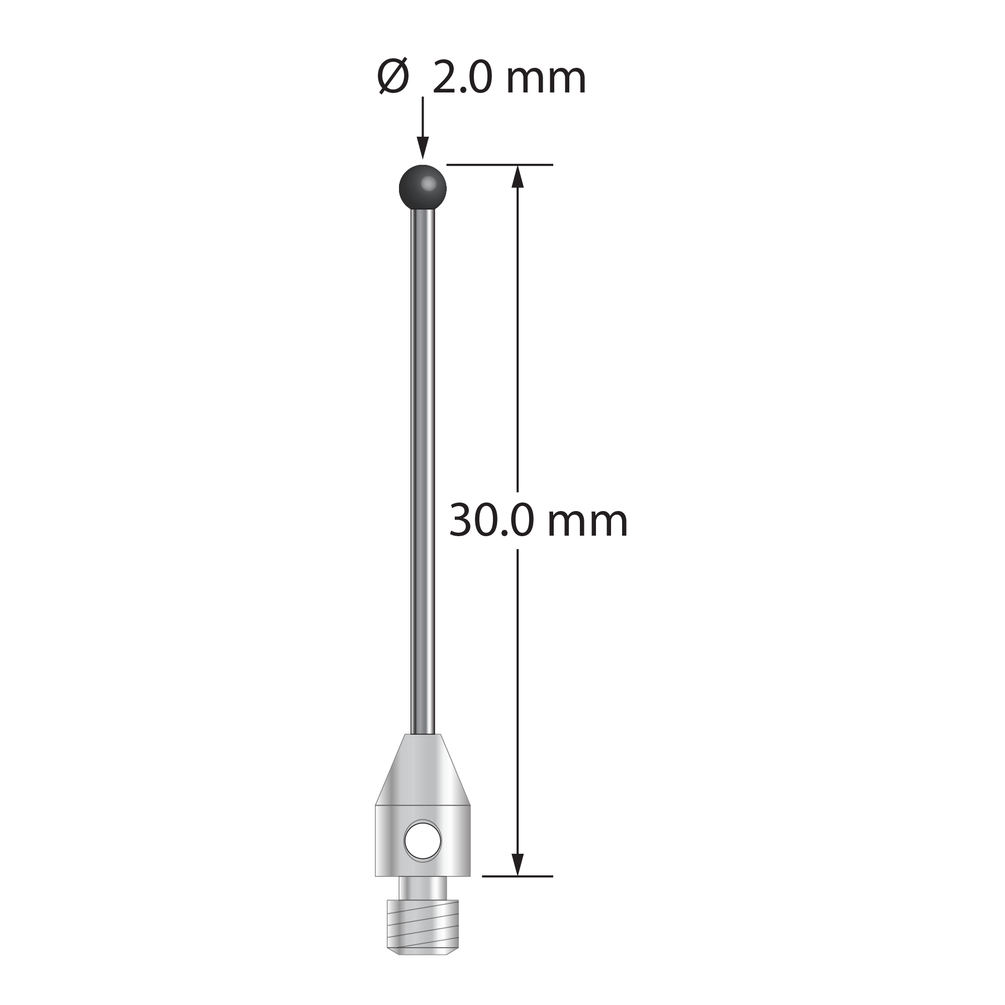 M3 stylus with 2.0 mm diameter silicon nitride ball, 1.0 mm diameter carbide stem, and 4.0 mm diameter x 6.0 mm long stainless steel base. Overall stylus length is 30.0 mm. Stylus weight is 0.79 gram. Compare to Zeiss 626123-0245-030.