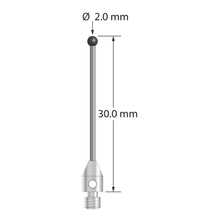 M3 stylus with 2.0 mm diameter silicon nitride ball, 1.0 mm diameter carbide stem, and 4.0 mm diameter x 6.0 mm long stainless steel base. Overall stylus length is 30.0 mm. Stylus weight is 0.79 gram. Compare to Zeiss 626123-0245-030.
