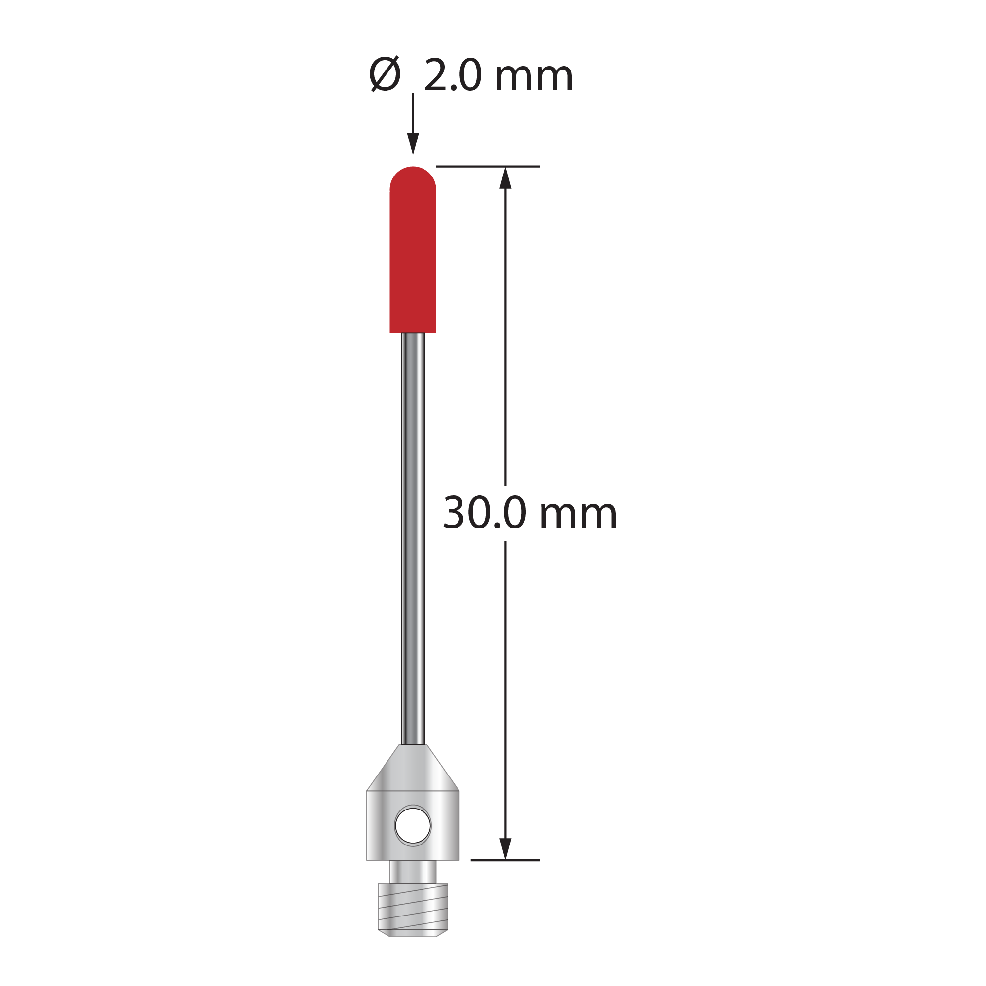 M3 cylinder stylus with 2.0 mm diameter x 7.2 mm long ruby cylinder, 1.0 mm diameter carbide stem, and 4.0 mm diameter x 5.0 mm long stainless steel base. Overall stylus length is 30.0 mm. Stylus weight is 0.69 gram.