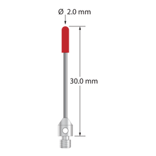 M3 cylinder stylus with 2.0 mm diameter x 7.2 mm long ruby cylinder, 1.0 mm diameter carbide stem, and 4.0 mm diameter x 5.0 mm long stainless steel base. Overall stylus length is 30.0 mm. Stylus weight is 0.69 gram.
