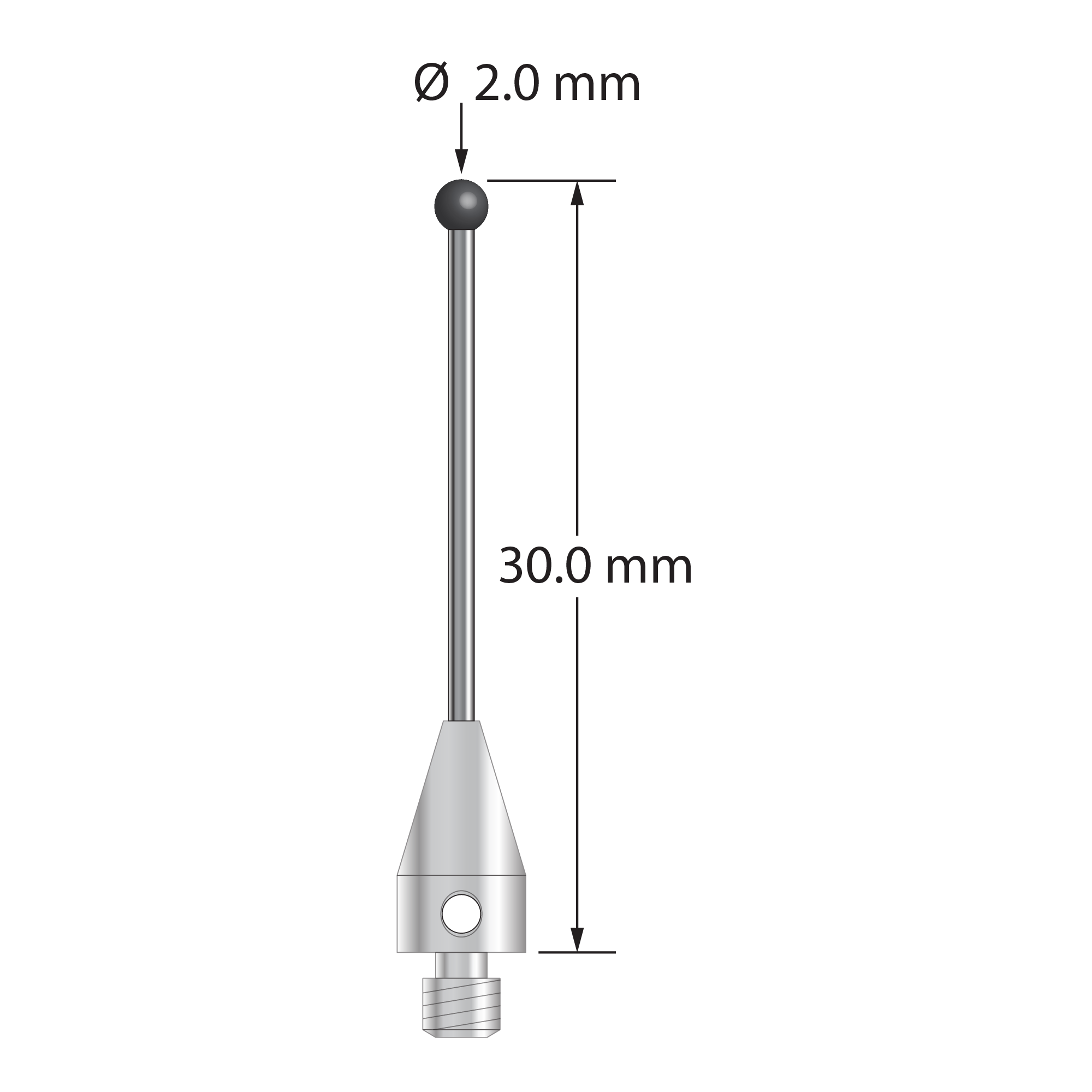 M3 XXT stylus with 2.0 mm diameter silicon nitride ball, 1.0 mm diameter carbide stem, and 5.0 mm diameter x 9.0 mm long titanium base. Overall stylus length is 30.0 mm. Stylus weight is 0.75 gram. Compare to Zeiss 626103-0245-030.