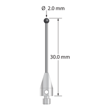 M3 XXT stylus with 2.0 mm diameter silicon nitride ball, 1.0 mm diameter carbide stem, and 5.0 mm diameter x 9.0 mm long titanium base. Overall stylus length is 30.0 mm. Stylus weight is 0.75 gram. Compare to Zeiss 626103-0245-030.