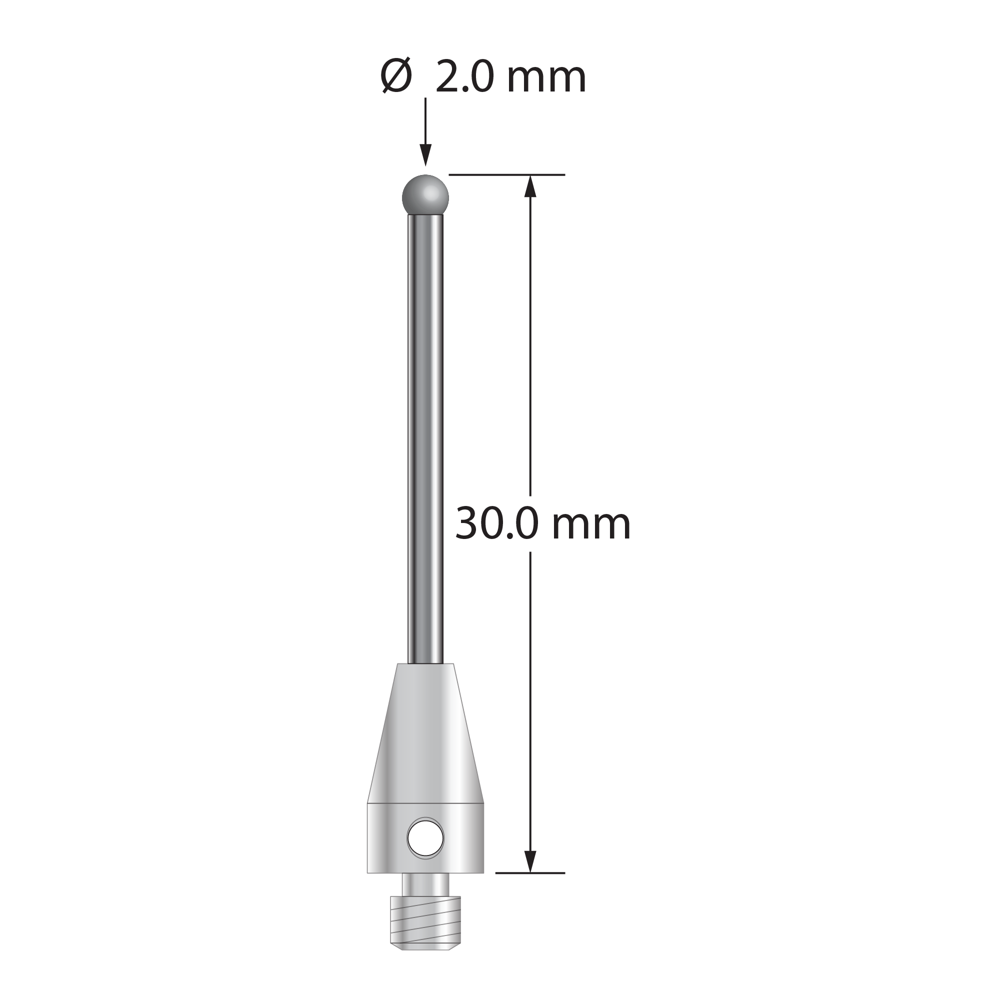 M3 XXT stylus with 2.0 mm diameter solid diamond sphere, 1.5 mm diameter carbide stem, and 5.0 mm diameter x 9.0 mm long titanium base. Overall stylus length is 30.0 mm. Stylus weight is 1.01 gram. Compare to Zeiss 626113-0209-030.