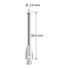 M3 XXT stylus with 2.0 mm diameter solid diamond sphere, 1.5 mm diameter carbide stem, and 5.0 mm diameter x 9.0 mm long titanium base. Overall stylus length is 30.0 mm. Stylus weight is 1.01 gram. Compare to Zeiss 626113-0209-030.