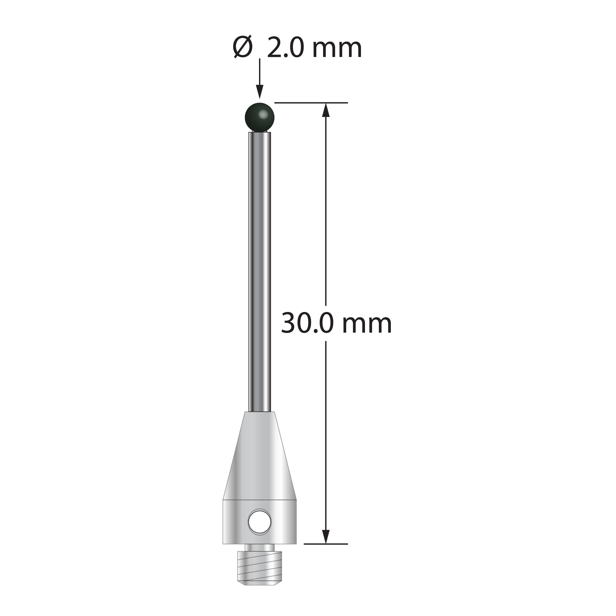 M3 XXT stylus with 2.0 mm diameter silicon nitride ball, 1.5 mm diameter carbide stem, and 5.0 mm diameter x 9.0 mm long titanium base. Overall stylus length is 30.0 mm. Stylus weight is 0.75 gram. Compare to Zeiss 626113-0203-030.