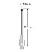 M3 XXT stylus with 2.0 mm diameter silicon nitride ball, 1.5 mm diameter carbide stem, and 5.0 mm diameter x 9.0 mm long titanium base. Overall stylus length is 30.0 mm. Stylus weight is 0.75 gram. Compare to Zeiss 626113-0203-030.