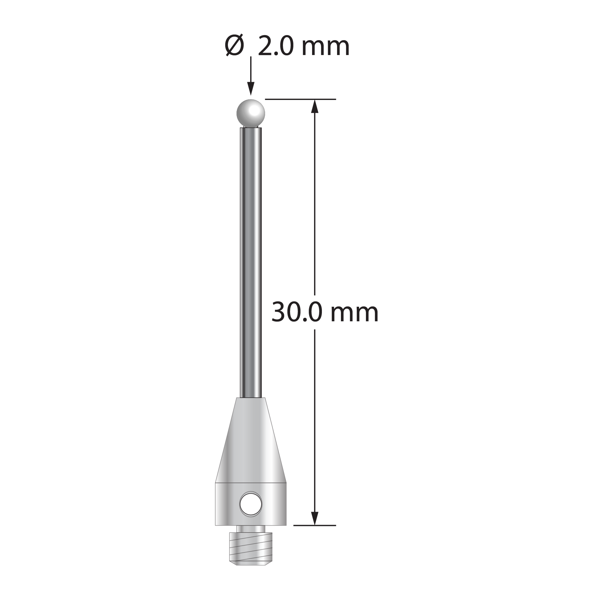 M3 XXT stylus with 2.0 mm diameter zirconia ball, 1.5 mm diameter carbide stem, and 5.0 mm diameter x 9.0 mm long titanium base. Overall stylus length is 30.0 mm. Stylus weight is 0.75 gram.