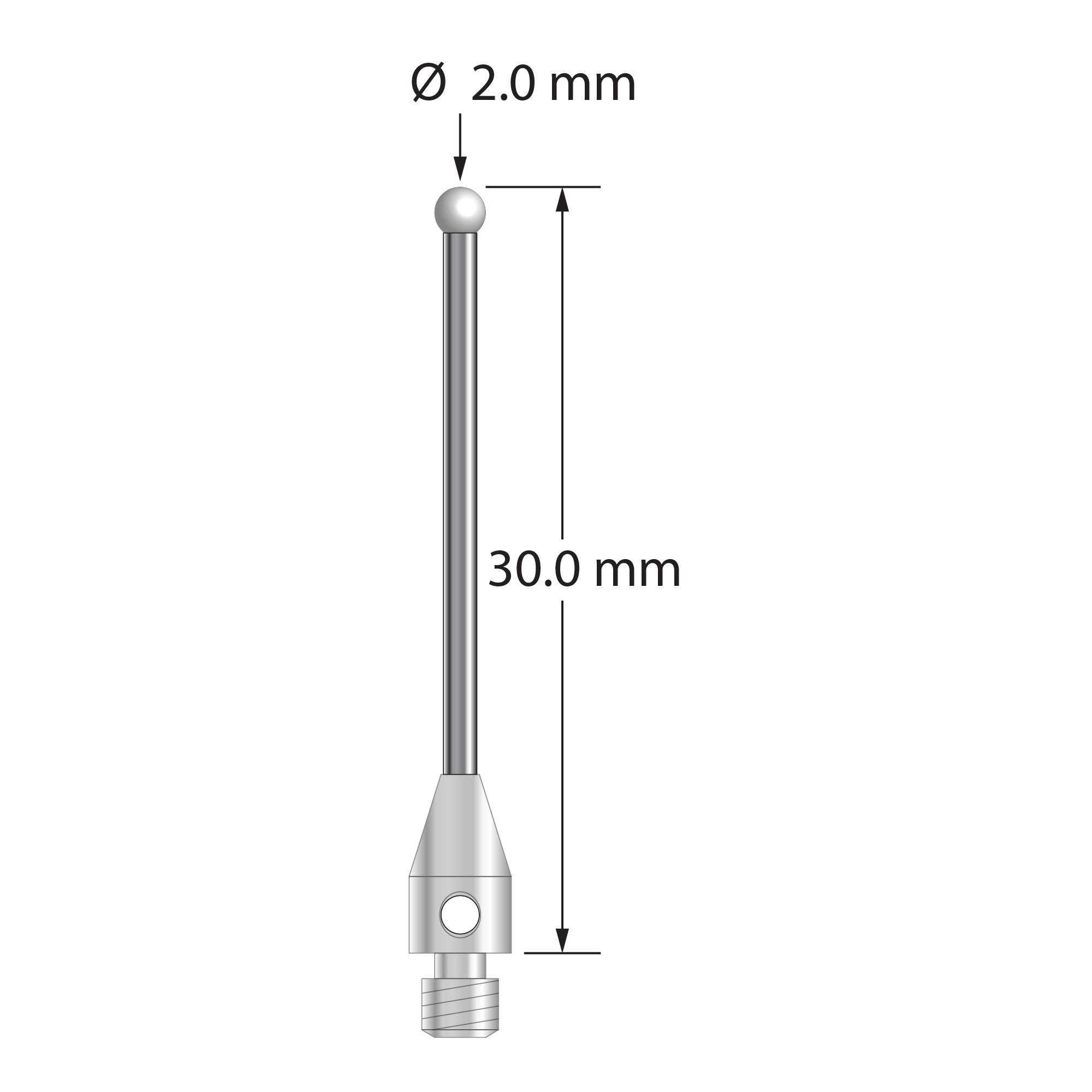 M3 stylus with 2.0 mm diameter zirconia ball, 1.5 mm diameter carbide stem, and 4.0 mm diameter x 7.0 mm long stainless steel base. Overall stylus length is 30.0 mm. Stylus weight is 0.98 gram.