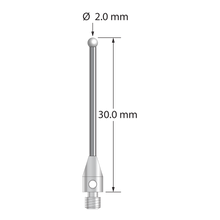 M3 stylus with 2.0 mm diameter zirconia ball, 1.5 mm diameter carbide stem, and 4.0 mm diameter x 7.0 mm long stainless steel base. Overall stylus length is 30.0 mm. Stylus weight is 0.98 gram.
