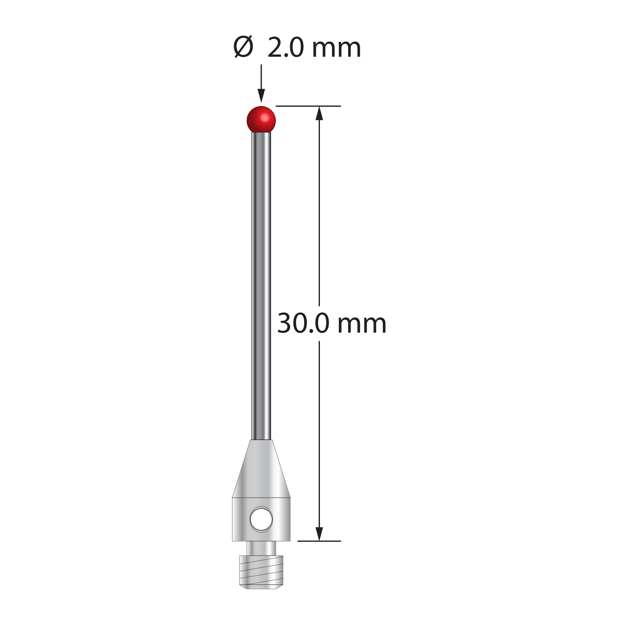 M3 stylus with 2.0 mm diameter ruby ball, 1.5 mm diameter carbide stem, and 4.0 mm diameter x 7.0 mm long stainless steel base. Overall stylus length is 30.0 mm. Stylus weight is 0.98 gram.