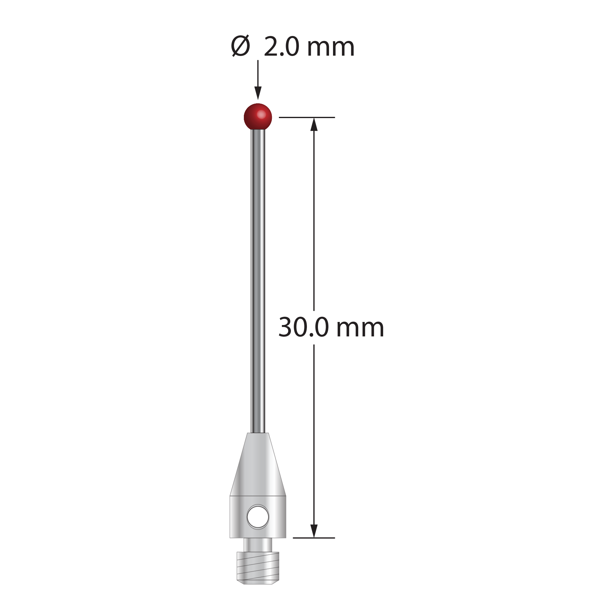 M3 stylus with 2.0 mm diameter ruby ball, 1.0 mm diameter carbide stem, and 4.0 mm diameter x 7.5 mm long stainless steel base. Stylus length to ball center is 30.0 mm. Stylus weight is 1.26 grams.