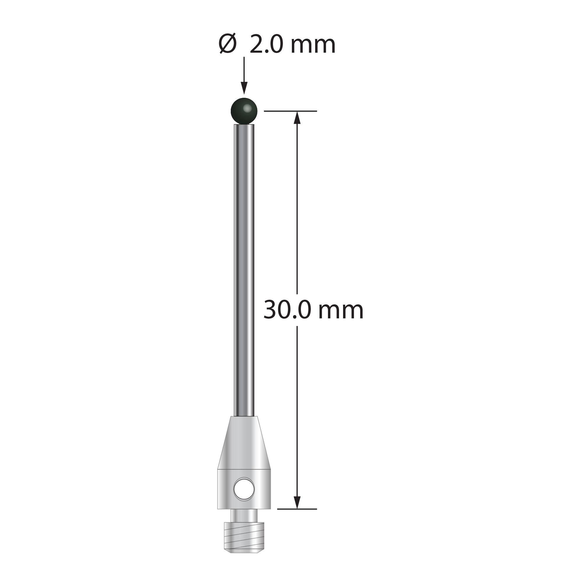 M3 stylus with 2.0 mm diameter silicon nitride ball, 1.5 mm diameter carbide stem, and 4.0 mm diameter x 7.0 mm long stainless steel base. Stylus length to ball center is 30.0 mm. Stylus weight is 1.26 grams. Compare to Renishaw A-5003-5724.