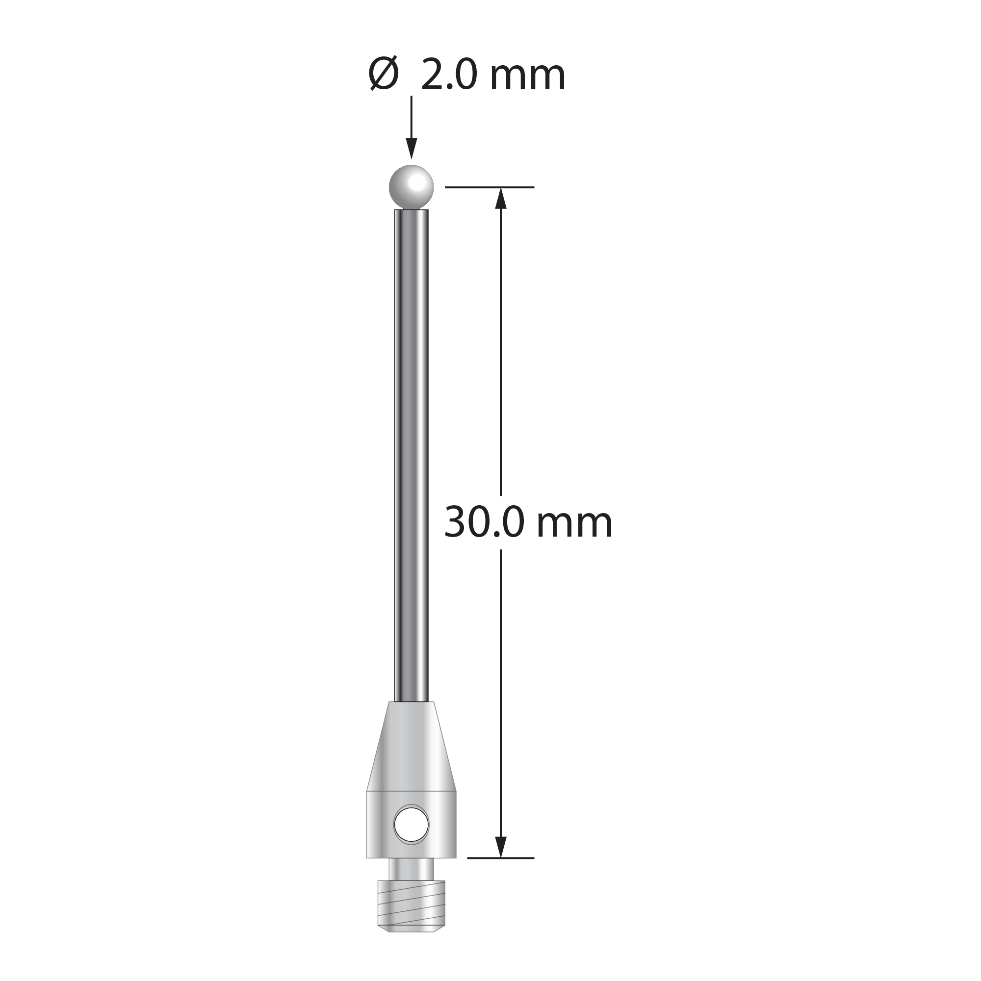 M3 stylus with 2.0 mm diameter zirconia ball, 1.5 mm diameter carbide stem, and 4.0 mm diameter x 7.0 mm long stainless steel base. Stylus length to ball center is 30.0 mm. Stylus weight is 1.18 grams.